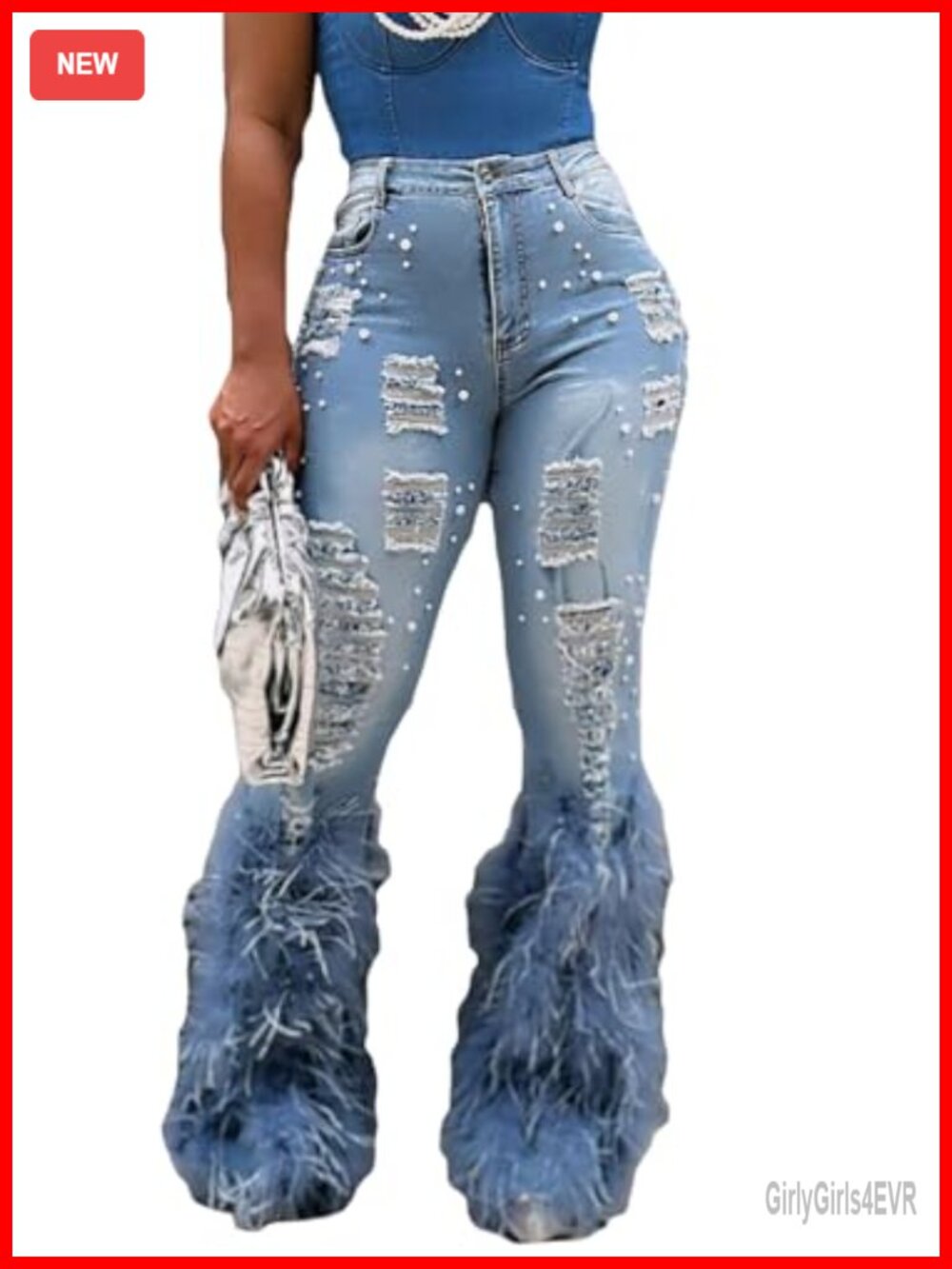 Women's High Waisted Ripped Flare Jeans Feather Bell Bottom Stretch Denim